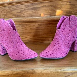 Pierre Dumas Hot Pink Rhinestone Suede Ankle Booties